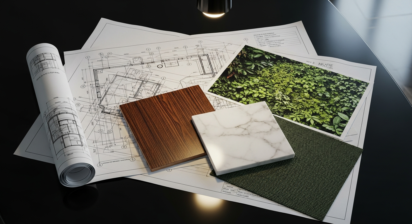 Architectural blueprints and material samples — .STUDIO design process, Boca Raton